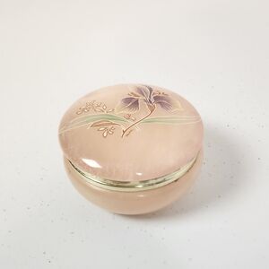 Vintage Hand Carved Peach Alabaster Floral Hinged Trinket Box Made in Italy 3”